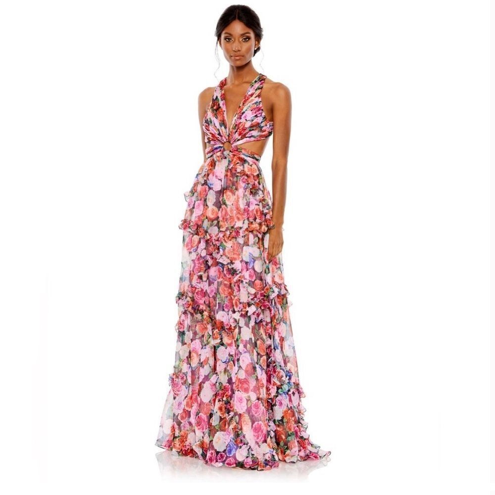 Mac Duggal 68076 Ruffle Floral Cut Out Dress